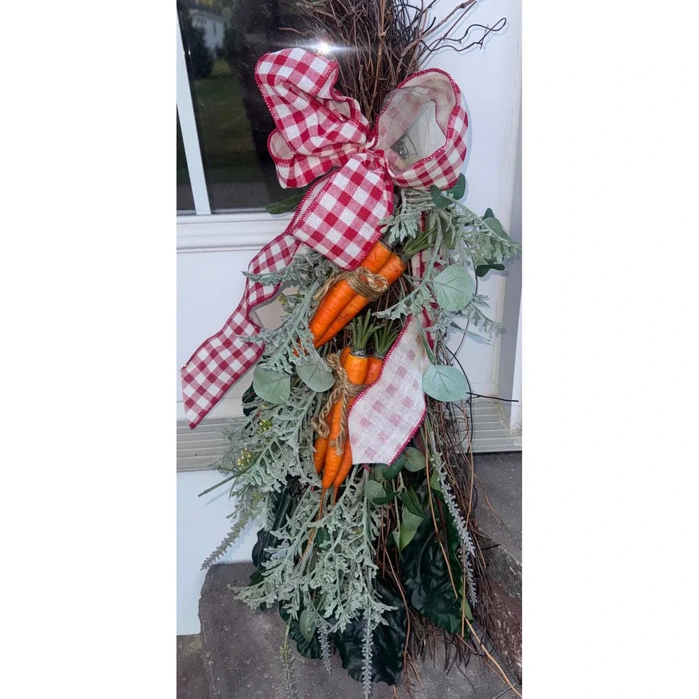 Rustic Garden Shabby Chic Door Wreath Red Gingham Bow Spring Farmhouse Decor 26